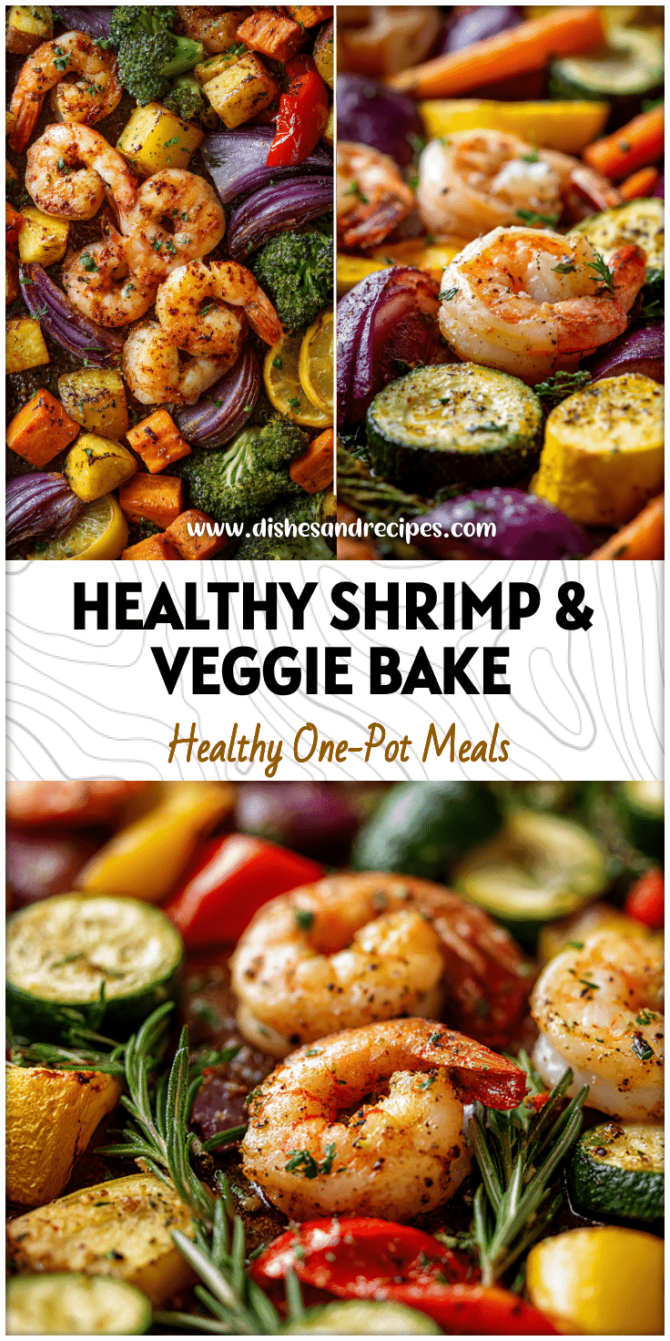 Close-up of baked garlic shrimp surrounded by roasted vegetables on a sheet pan for an easy seafood dinner.